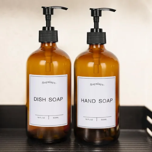 Vista 7 de Dispensador de jabón de vidrio ámbar con bomba antioxidante. Dispensador de jabón recargable de cocina y baño para jabón de platos, desinfectante