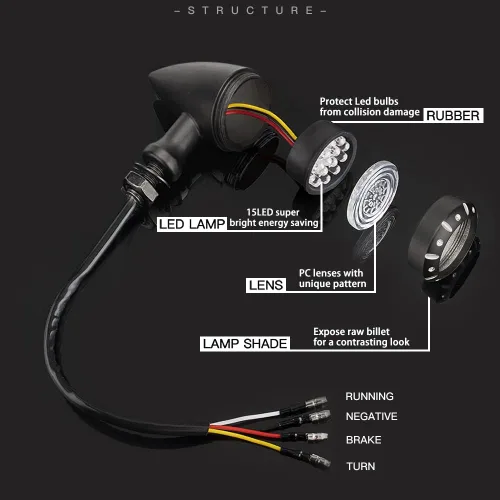 Vista 5 de Luz de señal de giro trasera tipo bala para motocicleta, 4 cables, indicador LED compatible con Chopper Bobber Harley Softail Iron Cruiser Honda
