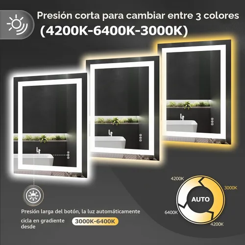 Vista 6 de Hivone - Espejo de baño LED de 24x30 pulgadas con luces, función antivaho, regulable, retroiluminado + iluminación frontal, espejo de tocador