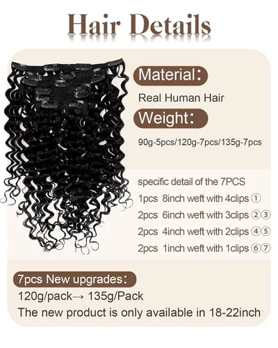 Vista 124 de Hetto . Extensiones de cabello humano rizado con clip, color #1 negro azabache, extensiones de cabello humano ondulado natural para cabeza completa