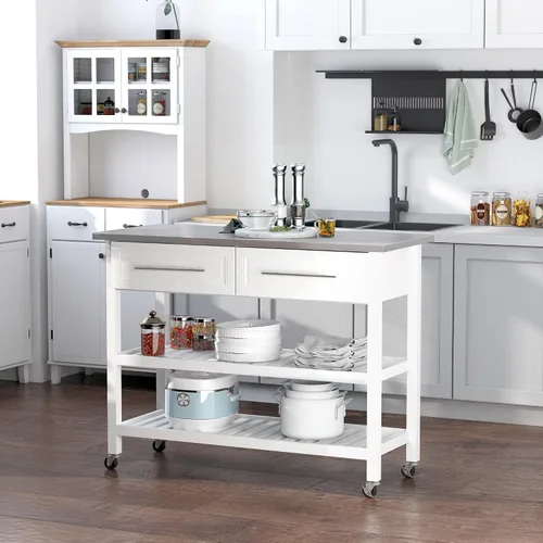 Vista 2 de HOMCOM - Isla de cocina, parte superior de acero inoxidable, estantes abiertos de 2 niveles, color blanco Isla de cocina tradicional
