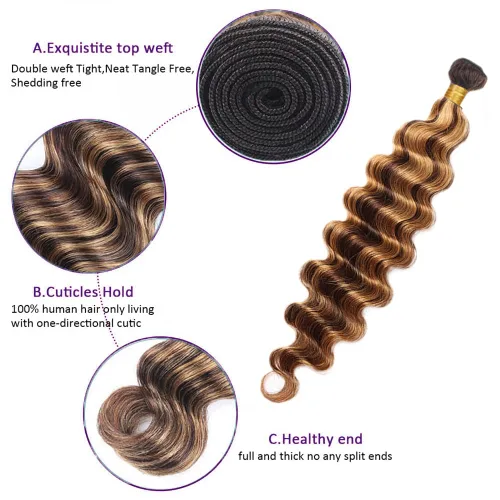 Vista 2 de P4/27 paquetes de cabello humano con reflejos marrones de onda profunda, paquetes de 10 pulgadas sin procesar rubio virgen rizado profundo