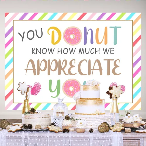 Vista 3 de Lofaris Fondo de agradecimiento de 7 x 5 pies con texto en inglés "Thank You Donut You Know How Much We Appreciate You