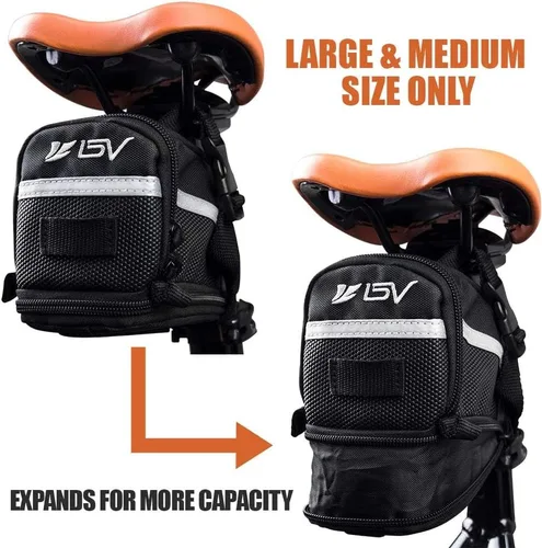 Vista 3 de BV Bolsa de bicicleta con correa con material reflectante, bolsa de sillín de gran capacidad con divisor separado para objetos pequeños y espacio