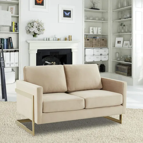 Vista 2 de LeisureMod Lincoln Modern Mid-Century - Sofá biplaza tapizado de terciopelo con marco dorado, color beige