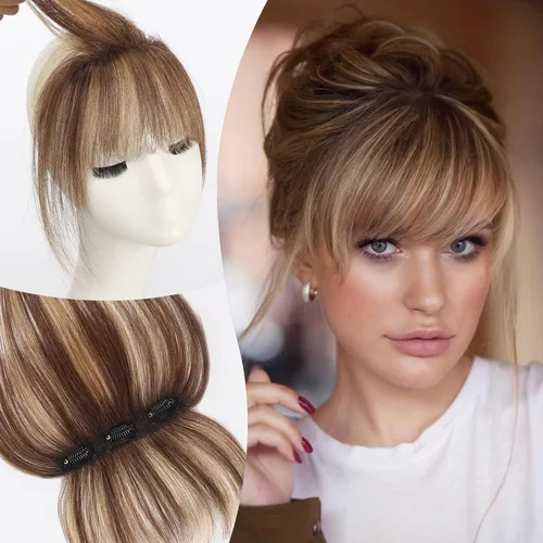 Vista 2 de EMMOR Flequillo con clip, flequillo de cabello 100% humano con 3 clips antideslizantes, extensiones de cabello superior de cobertura de 360°