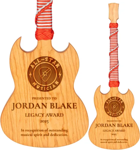 Vista 14 de Premio personalizado de guitarra Cherrywood, placa grabada personalizada con mango de paracaídas azul, 23 x 8 pulgadas Regalo para músicos