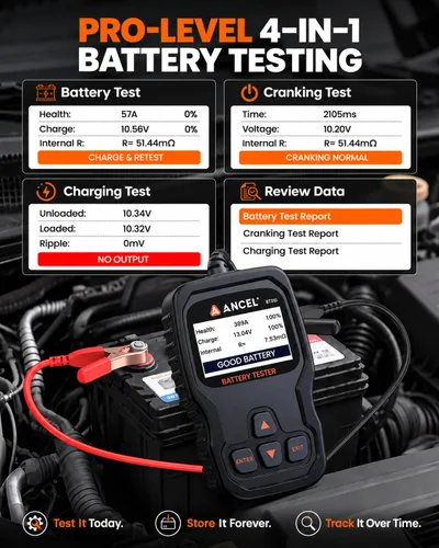Vista 3 de Probador de batería de coche ANCEL BT310 12V/24V, probador de carga Negro