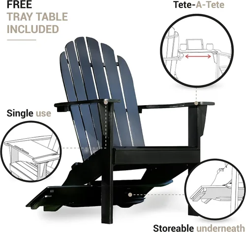 Vista 6 de Cambridge Casual Silla Adirondack Magnolia de madera maciza de 2 piezas con mesa de bandeja, color negro