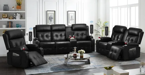 Vista 21 de Sofá reclinable, sofá reclinable con masaje de 3 plazas con gran capacidad de peso, sofá de dos plazas para RV con espacio libre con consola, USB
