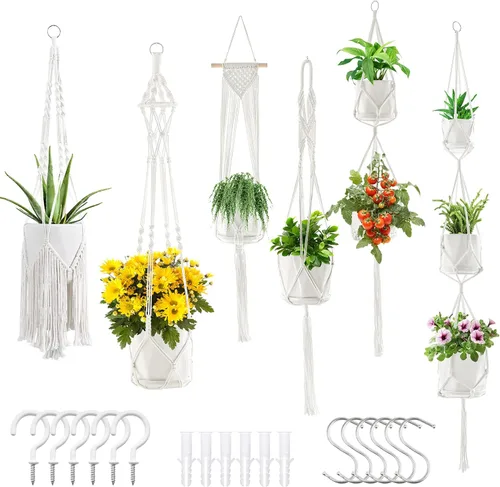 Vista 14 de SFENNGPET - Paquete de 6 perchas de macramé para plantas, juego de 6 perchas colgantes para plantas de interior con kit de 6 perchas hechas a mano
