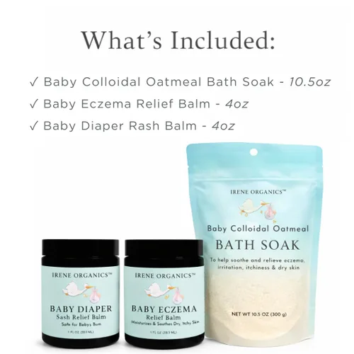 Vista 2 de Irene Organics Paquete para el cuidado de la piel del bebé: baño de avena, bálsamo para aliviar el eccema, bálsamo para la erupción del pañal