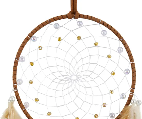 Vista 5 de Atrapasueños marrones, plumas de pollo con perla de cristal, atrapasueños hecho a mano para dormitorio, atrapasueños para niñas, atrapasueños