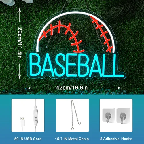 Vista 4 de Letrero de neón de béisbol, luz deportiva LED alimentada por USB, letrero azul usado para gimnasio, luz de béisbol para decoración de arte de pared