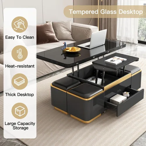 Vista 7 de Guyii Mesa de centro elevable con taburetes de almacenamiento, mesa central multifuncional negra con cajones, moderna mesa de comedor extensible