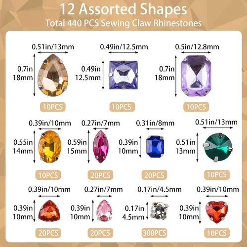 Vista 2 de PAGOW 440 piezas de diamantes de imitación para coser, 11 formas mixtas de diamantes de imitación de cristal con parte trasera plana para coser