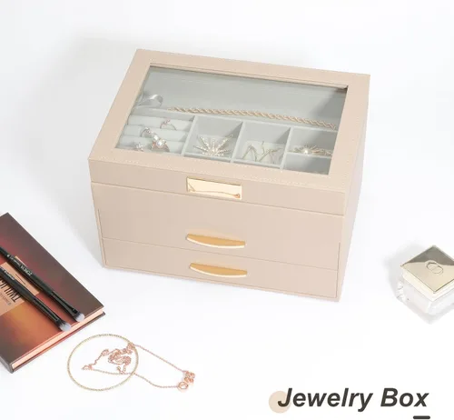 Vista 4 de V-LAFUYLIFE Organizador de joyas, caja de joyería de cuero de 3 niveles con 2 cajones, joyero para mujeres y niñas, caja de joyería de gran