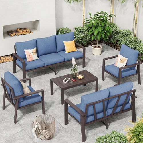 Vista 10 de Juego de muebles de aluminio para exteriores para todo tipo de clima, sofá seccional con mesa auxiliar y cojines con fundas extraíbles para terraza