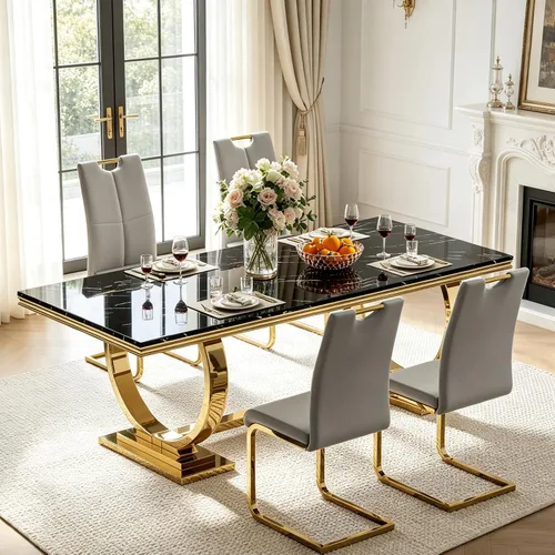 Vista 29 de Juego de mesa de comedor de mármol para 4, mesa de cocina rectangular de mármol blanco de 70 pulgadas con base en O de acero inoxidable dorado