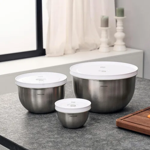 Vista 6 de ZWILLING Fresh & Save Bowls - Juego de 3 cuencos al vacío de acero inoxidable, recipientes herméticos para almacenamiento de alimentos