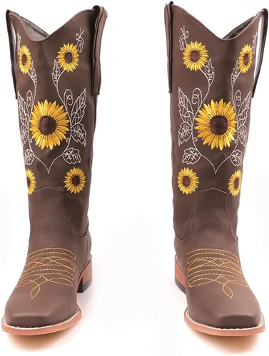 Vista 2 de SO SIMPOK Botas vaqueras bordadas con diseño de girasol dulce para mujer, estilo retro, estilo occidental, tacón grueso a media pantorrilla, Marrón