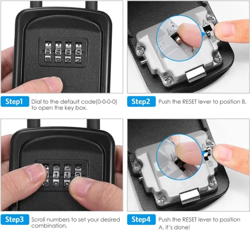 Vista 6 de Caja de seguridad para llaves montada en la pared, resistente a la intemperie, combinación de 4 dígitos, caja de bloqueo de 5 llaves con capacidad