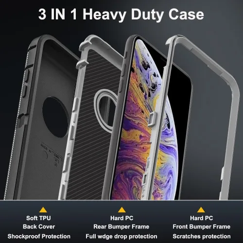 Vista 4 de Funda para iPhone X/iPhone Xs con 2 protectores de pantalla de vidrio templado, grado militar 3 en 1, resistente a prueba de golpes, a prueba