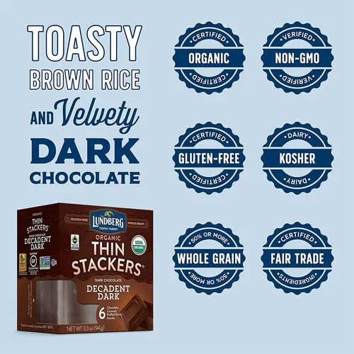 Vista 3 de Lundberg Pastel de arroz orgánico Thin Stackers, chocolate negro decadente, comercio justo, kosher, certificado orgánico USDA, sin gluten y sin OMG