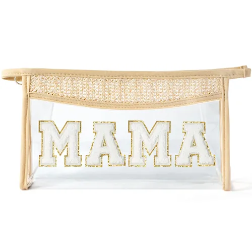 Vista 9 de Bolsa de cosméticos con parches bohemios, bolsa de maquillaje para verano, playa, piscina, neceser de maquillaje, beige, transparente, impermeable