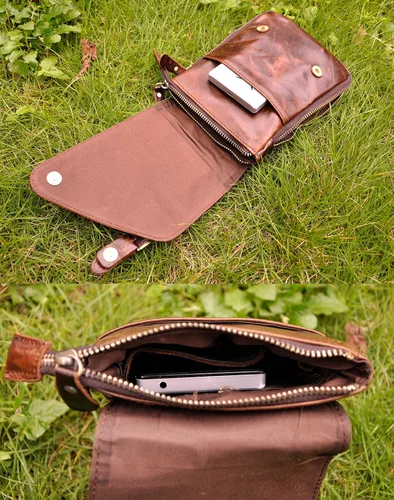 Vista 6 de Le'aokuu Bolsa para la cintura, cartera al hombro, pequeña bolsa mensajero, cangurera café de cuero genuino para hombre, Coffee), 611-1