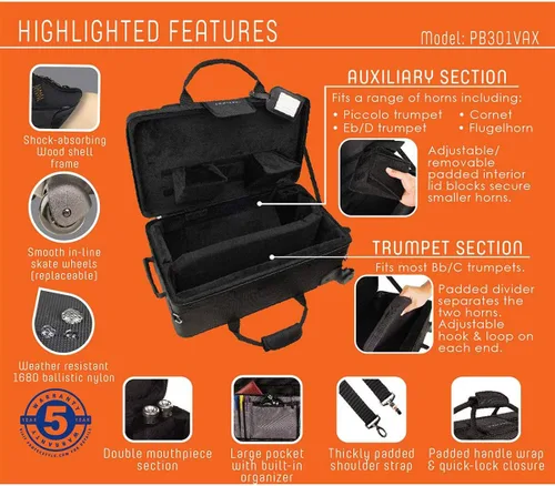 Vista 9 de Protec Estuche Combo Trompeta/Auxiliar PRO PAC con ruedas, Modelo PB301VAX