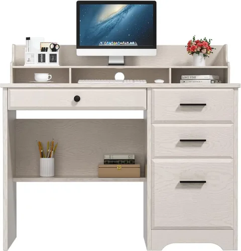 Vista 8 de Escritorio blanco para oficina en casa con 4 cajones y gabinete, mesa de computadora para dormitorio, blanco roto