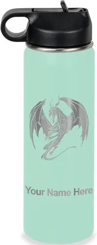 Vista 53 de LaserGram Botella de agua con tapa abatible de doble pared de 12 onzas con pajilla, dragón, grabado personalizado incluido (negro)