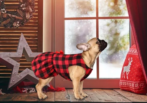 Vista 6 de Vestidos de perro a cuadros de búfalo, ropa de corbatín lindo, ropa de algodón suave para Navidad, disfraz de perro para perros pequeños, ropa