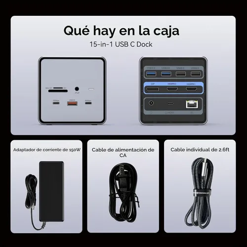 Vista 9 de Estación de acoplamiento TobenONE USB C para monitores duales/triples con adaptador de corriente de 150W