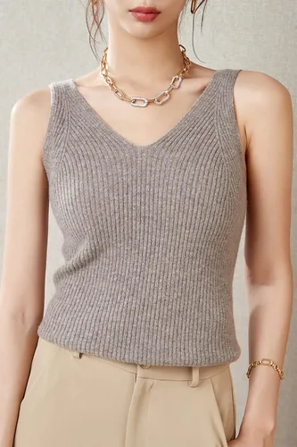 Vista 4 de LINY XIN Chaleco de punto 100 % lana merino para mujer, con cuello en V, sin mangas, liso, clásico