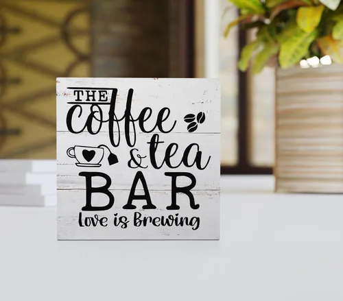 Vista 2 de Letrero de madera con texto en inglés «The Coffee and Tea Bar Love is Brewing», decoración de escritorio de madera rústica para el hogar, cocina