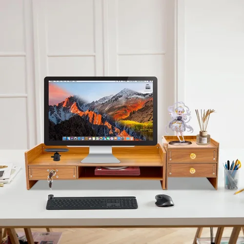 Vista 2 de Estante de madera para monitor de computadora con cajones, soporte ajustable para monitor de TV para laptop, organizador de almacenamiento