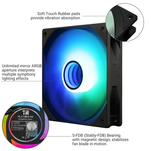 Vista 4 de Thermalright Ventilador de CPU TL-C12B-S V3 de 4.724 in, ventilador ARGB, conector PWM de 4 pines ventilador silencioso de computadora con Negro