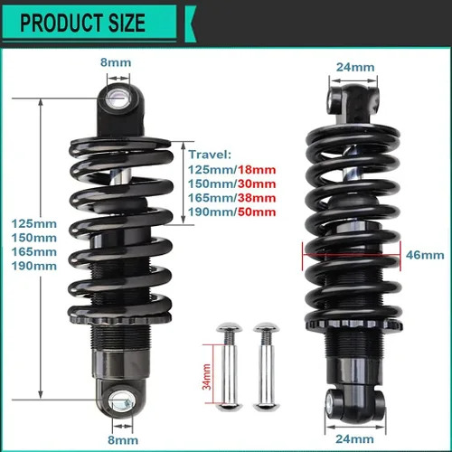 Vista 2 de Amortiguadores de resorte para bicicleta WHQ 125mm 150mm 165mm 190mm MTB XC de montaña con amortiguación trasera para bicicleta eléctrica