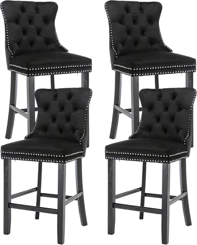 Vista 21 de Taburetes de bar tapizados de terciopelo modernos de 27 pulgadas con patas de madera, botón con cabeza de clavo cromada, taburetes de bar con Beige