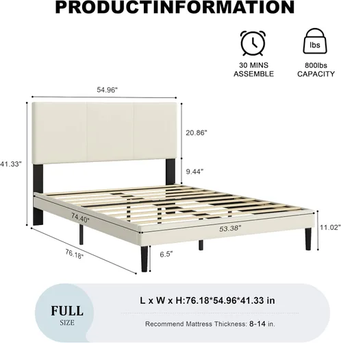 Vista 9 de Marco de cama tamaño completo con cabecero – Elegante marco de cama plataforma tapizado con canales verticales acolchados de servicio pesado