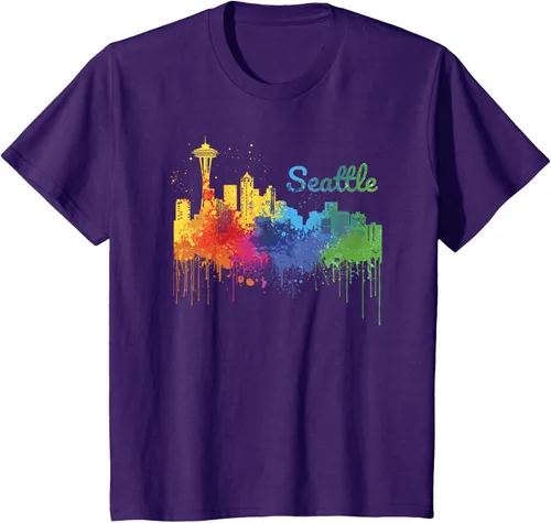 Vista 17 de Seattle Washington Skyline Watercolor Souvenir Seattle Camiseta, Negro