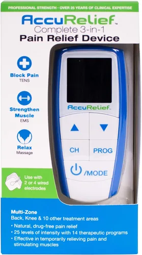 Vista 2 de AccuRelief Unidad TENS 3 en 1, EMS, dispositivo masajeador – Estimulador muscular eléctrico para aliviar el dolor con 4 electrodos para cuello
