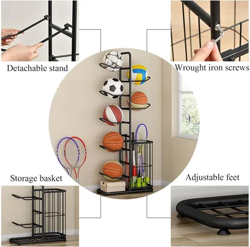 Vista 3 de Basketball Storage Rack, Sports Equipment Organizer, Yoga Mat Storage Basket, Multi-Tier Ball Storage Rack with Adjustable Feet for Garages, Courts