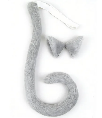 Vista 9 de juego de disfraz de orejas y cola de gato de pelo para fiesta de Halloween y para Cosplay, Negro