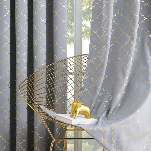 Vista 12 de Enactex, cortinas 100% opacas de 63 pulgadas de largo, cortinas beige con aislamiento térmico con patrón geométrico plateado metálico, cortinas