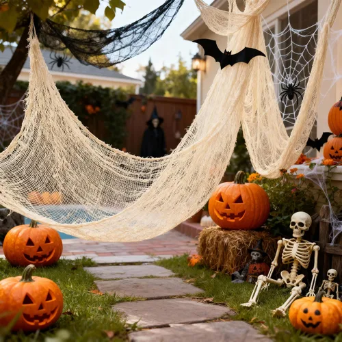 Vista 4 de Qtisky Juego de 5 telas de gasa espeluznante de Halloween, tapiz de gasa de Halloween beige para interiores y exteriores, decoraciones espeluznantes