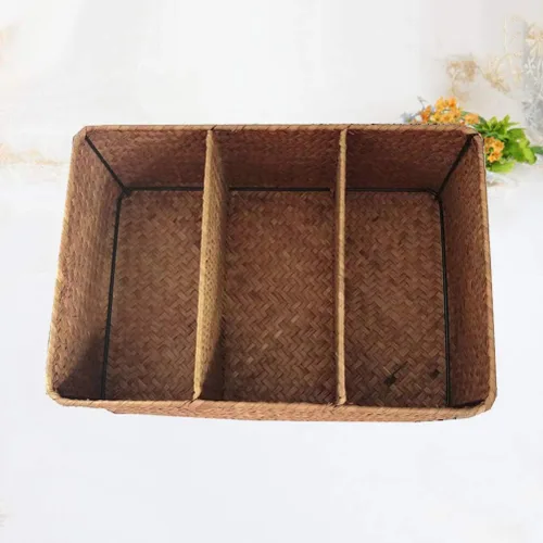 Vista 7 de Cesta tejida a mano de algas marinas Caja de almacenamiento tejida de 3 compartimentos para decoración de escritorio para el hogar, baño, oficina