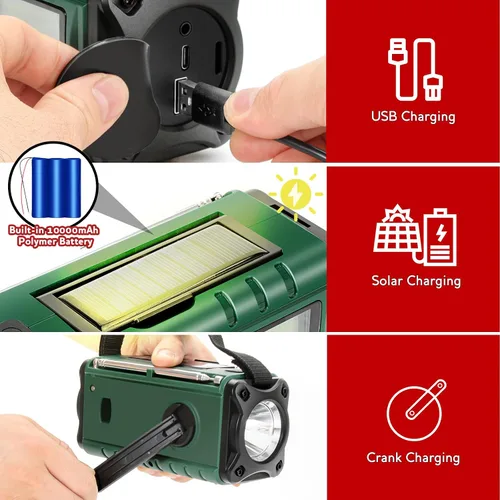 Vista 4 de Radio de emergencia NOAA de alerta meteorológica con energía solar y manivela de mano USB-C carga portátil radio AM/FM 3W, lámpara de lectura